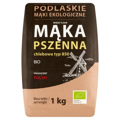 Mąka pszenna BIO Podlaskie, typ 850, 1 kg. Produkt polski w brązowym opakowaniu z wiatrakiem.