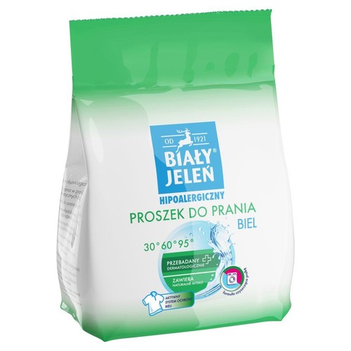 Proszek do prania Biały Jeleń Hipoalergiczny do bieli. Zawiera naturalne mydło, aktywny system ochrony bieli.