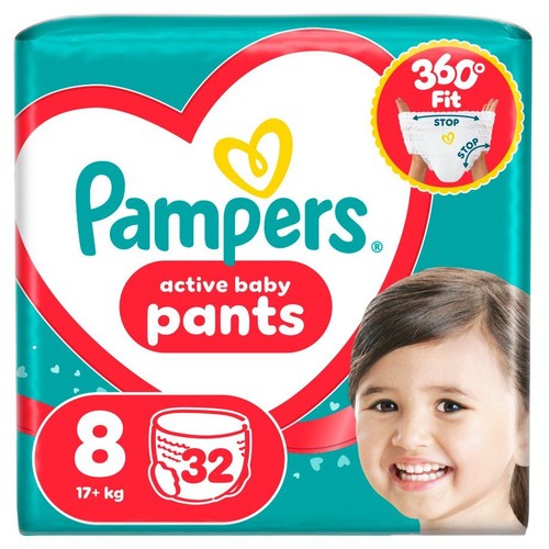 Paczka pieluchomajtek Pampers Active Baby Pants, rozmiar 8, dla dzieci powyżej 17 kg. Zawiera 32 sztuki.