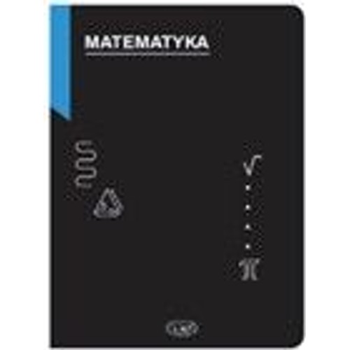 Czarny zeszyt z twardą okładką, idealny do matematyki. Na górze widnieje napis "MATEMATYKA", a z lewej strony niebieski pionowy pasek. Okładka ozdobiona jest białymi symbolami matematycznymi, takimi jak pierwiastek, pi, trójkąt i falista linia.