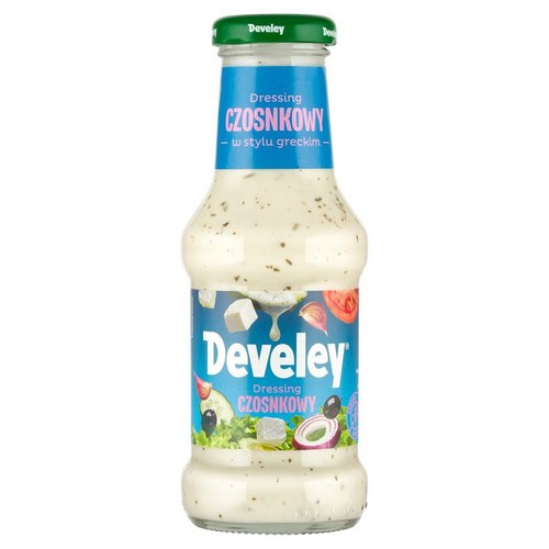 Develay Dressing Czosnkowy w stylu greckim. Kremowy sos w butelce z grafikami warzyw i sera feta.