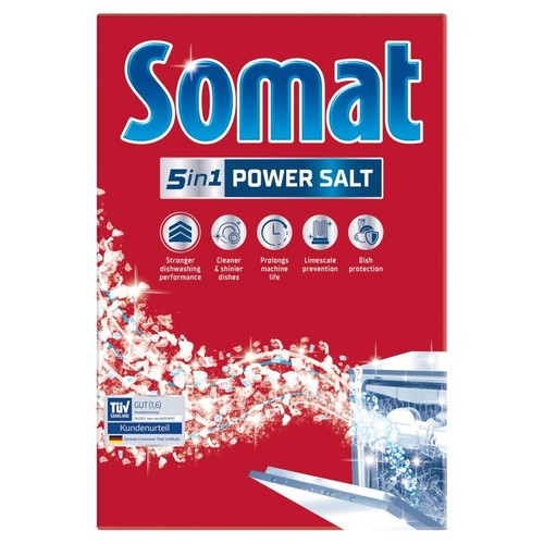 Opakowanie Somat 5in1 Power Salt, soli do zmywarki. Gwarantuje czystsze naczynia i ochronę przed kamieniem.