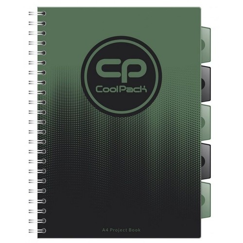 Spiralny zeszyt projektowy A4 marki CoolPack. Okładka jest zielono-czarna z gradientem i kropkowanym wzorem. Na środku widnieje okrągłe logo "cp CoolPack". Z prawej strony zeszytu wystają szare przekładki do organizacji.