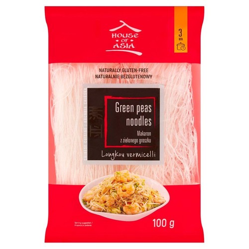 Czerwono-przezroczyste opakowanie makaronu House of Asia Green Peas Noodles, 100 g. Makaron bezglutenowy, gotowy w 3 minuty. Na etykiecie grafika przedstawiająca danie z makaronem, krewetkami i warzywami.