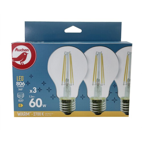 Żarówka LED E27 60W barwa ciepła Auchan 3 sztuki