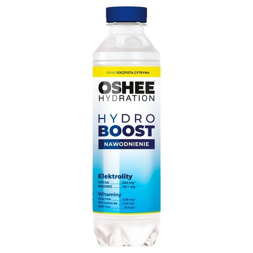Przezroczysta butelka napoju OSHEE Hydration Hydro Boost o smaku soczystej cytryny. Zawiera elektrolity: 300 mg potasu, 56.1 mg magnezu. Wzbogacony witaminami: 6.56 mg niacyny, 0.58 mg witaminy B6 oraz 20.8 biotyny. Wspiera nawodnienie organizmu.