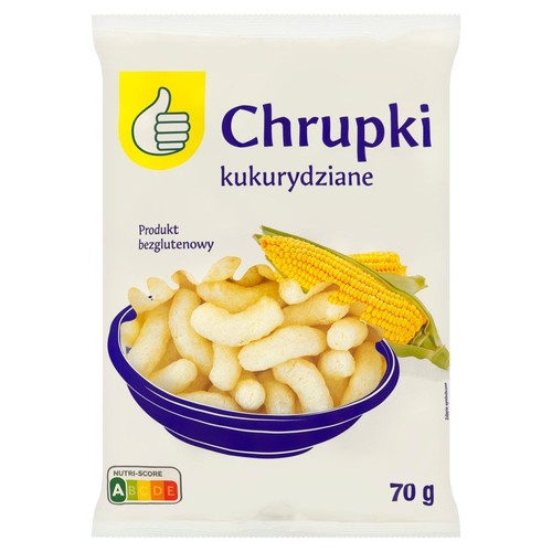 Biała paczka chrupek kukurydzianych, bezglutenowych, o wadze 70 gramów. Na opakowaniu widnieje grafika przedstawiająca miskę pełną chrupek oraz świeżą kolbę kukurydzy. W górnej części żółte logo z kciukiem w górę.