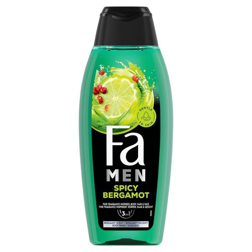 Butelka żelu Fa Men Spicy Bergamot 3w1 do ciała, włosów i twarzy. Etykieta z limonką i napisem "delikatny dla skóry".