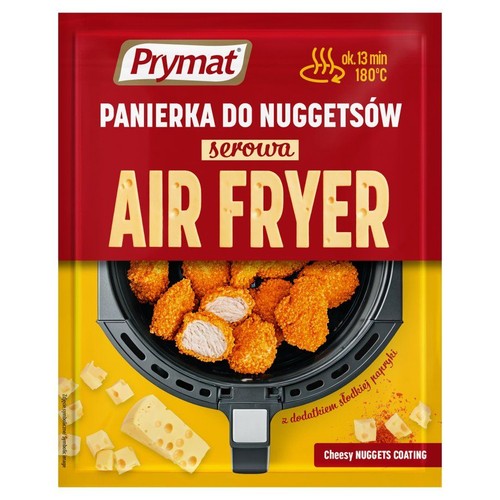 Opakowanie panierki Prymat do nuggetsów serowych. Na grafice chrupiące nuggetsy w air fryerze i kawałki sera.