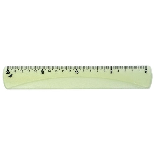 Linijka 20 cm, przezroczysta, jasnozielona, z czarnymi oznaczeniami i małym ptakiem.
