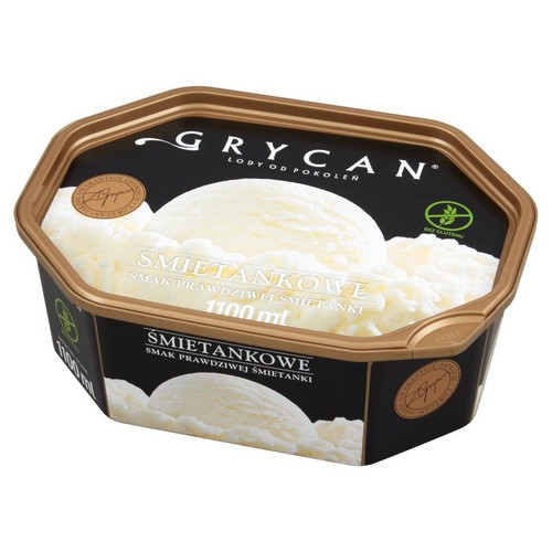 Opakowanie lodów Grycan Śmietankowe, 1100 ml. Czarne pudełko z gałkami lodów i złotym brzegiem. Produkt bezglutenowy.