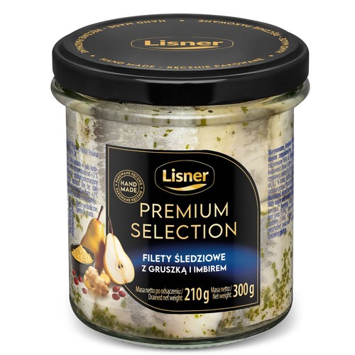 Szklany słoik filetów śledziowych Lisner Premium Selection z gruszką i imbirem. Na czarnej etykiecie grafika gruszki, imbiru i czerwonych owoców. Produkt ręcznie pakowany. Masa netto 300g, po odsączeniu 210g.