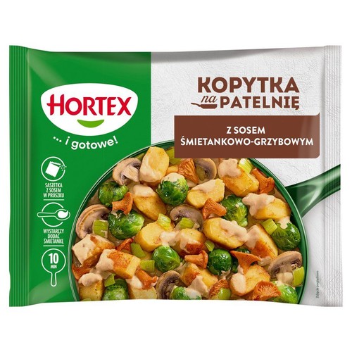 Hortex Kopytka na Patelnię z sosem śmietankowo-grzybowym. Opakowanie z daniem gotowym w 10 minut. Widoczne kopytka, brukselka i grzyby.