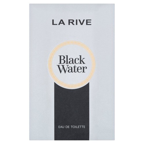 Woda toaletowa LA RIVE Black Water w białym kartoniku. Nazwa produktu w beżowym okręgu.