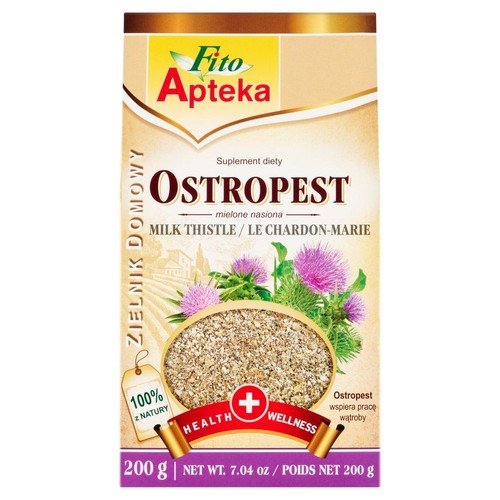 Opakowanie suplementu Fito Apteka Ostropest, mielone nasiona. Waga 200 g. Produkt 100% z natury.