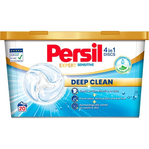 Opakowanie Persil Expert Sensitive 4in1 DISCS, 20 sztuk. Hipoalergiczny płyn do prania, testowany dermatologicznie.
