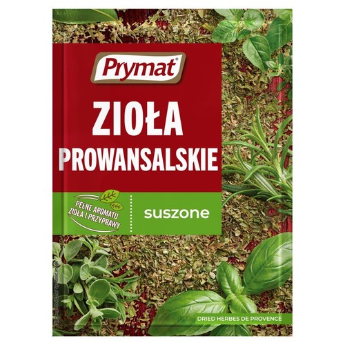Suszone zioła prowansalskie marki Prymat w czerwonym opakowaniu. Widoczne liście bazylii, rozmarynu i oregano.