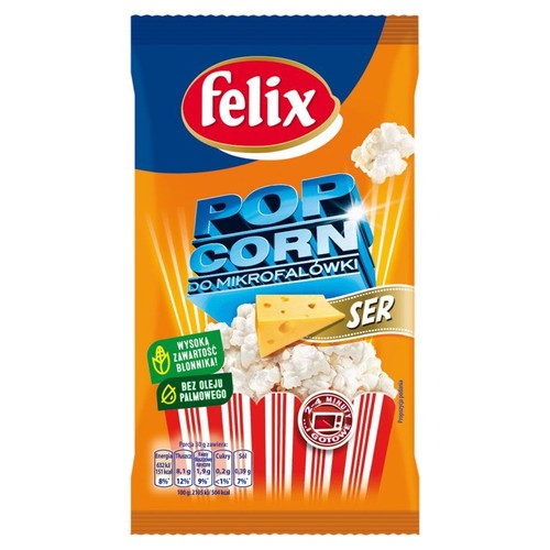 Opakowanie popcornu Felix Ser do mikrofalówki. Bez oleju palmowego, gotowe w 2 minuty. Na opakowaniu popcorn i kawałek sera.