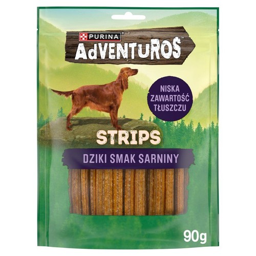 Zielona torebka Adventuros Strips 90g. Na opakowaniu brązowy pies, napis 'Dziki smak sarniny' i 'Niska zawartość tłuszczu'. Widoczne paski.