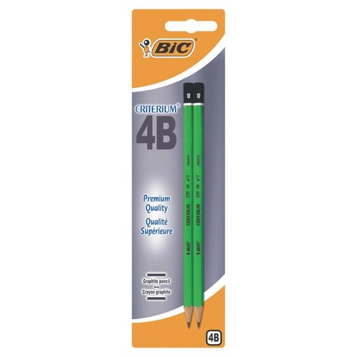 Opakowanie typu blister zawierające dwa zielone ołówki grafitowe BIC Criterium 4B. Na opakowaniu widnieje logo BIC oraz napisy "Premium Quality" i "Graphite pencil". Ołówki mają czarne końcówki.