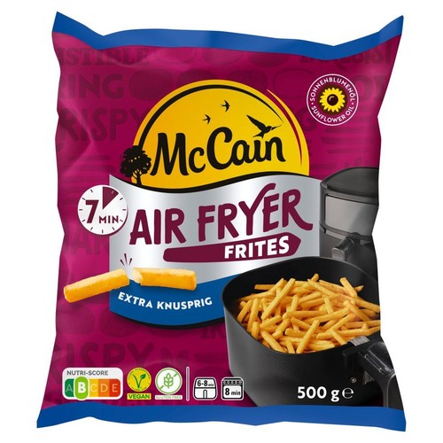 Fioletowa torebka frytek McCain Air Fryer Frites, 500 g. Produkt wegański, bezglutenowy, z olejem słonecznikowym. Gotowe w 7 minut.