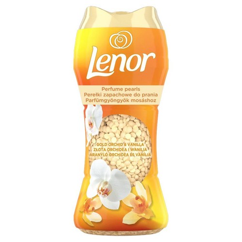 Opakowanie perełek zapachowych Lenor Gold Orchid & Vanilla. Widoczne białe perełki w pomarańczowo-żółtej butelce.