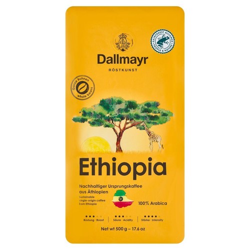 Kawa Dallmayr Röstkunst Ethiopia, 500g, całe ziarna Arabica. Opakowanie z certyfikatem Rainforest Alliance.