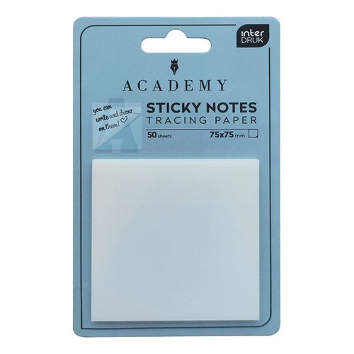 Białe karteczki samoprzylepne Academy Sticky Notes Tracing Paper w opakowaniu Interdruk. Zestaw zawiera 50 arkuszy o wymiarach 75x75 mm. Idealne do pisania i rysowania, jak sugeruje grafika na opakowaniu.