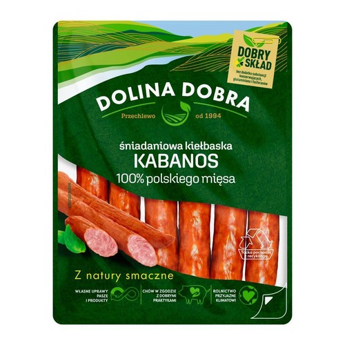 Opakowanie kabanosów Dolina Dobra. Śniadaniowa kiełbaska ze 100% polskiego mięsa, z dobrym składem.