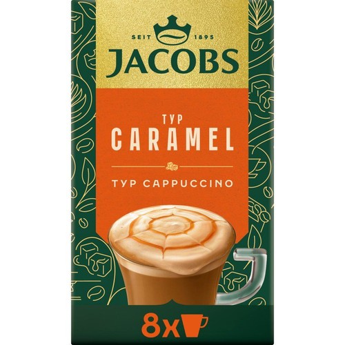 Jacobs Typ Cappuccino o smaku karmelowym, 8 sztuk. Na opakowaniu filiżanka kawy z sosem karmelowym.