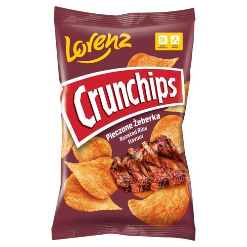 Opakowanie chipsów Lorenz Crunchips Pieczone Żeberka. Widoczne złociste chipsy i ilustracja grillowanych żeberek.