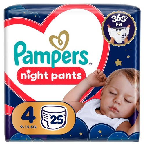 Opakowanie pieluchomajtek nocnych Pampers Night Pants, rozmiar 4 (9-15 kg), 25 sztuk. Granatowe z gwiazdkami i śpiącym dzieckiem.