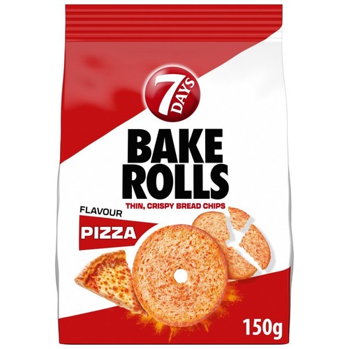 7 Days Bake Rolls Pizza, 150g. Opakowanie z grafiką okrągłych, chrupiących chipsów chlebowych i kawałka pizzy.