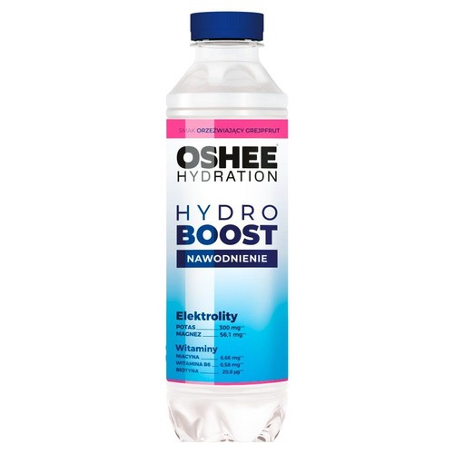 Butelka napoju OSHEE Hydration Hydro Boost o smaku orzeźwiającego grejpfruta. Produkt przeznaczony do nawodnienia, zawiera elektrolity: potas 300 mg, magnez 56.1 mg. Wzbogacony o witaminy: niacynę 6.66 mg, witaminę B6 0.58 mg i biotynę 20.8 µg.