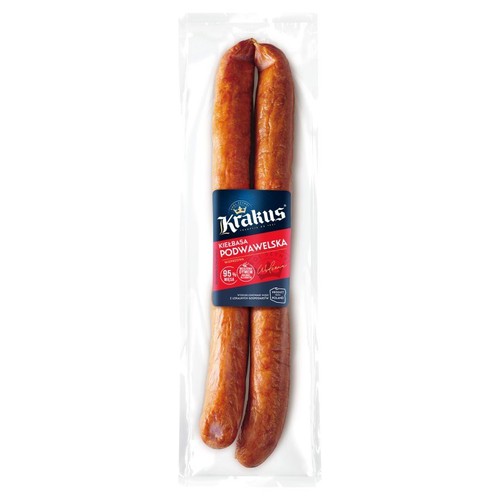Kiełbasa Podwawelska Krakus, dwie sztuki w folii. Produkt zawiera 95% mięsa i został wyprodukowany w Polsce.