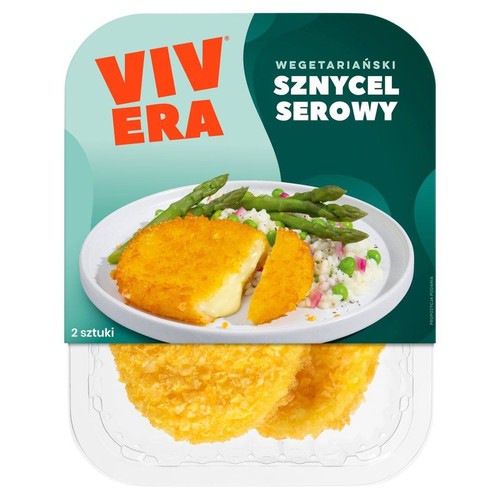 Vivera Sznycel Serowy, 150g. Produkt w przezroczystym opakowaniu z dwoma panierowanymi sznyclami. Na etykiecie propozycja podania.