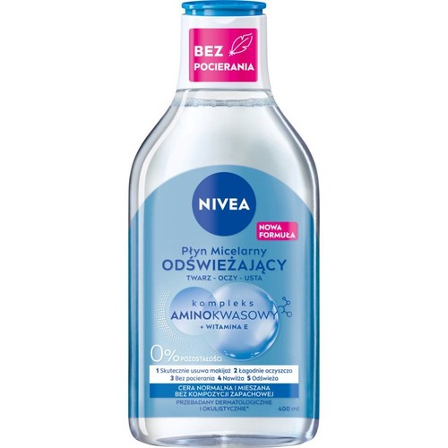 Nivea Płyn Micelarny Odświeżający 400 ml. Do twarzy, oczu, ust. Z kompleksem aminokwasowym i witaminą E. Bez pocierania.
