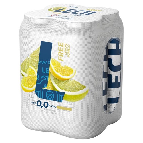 Białe opakowanie zbiorcze piwa bezalkoholowego Lech Free Lemon Pomelo 0,0% obj. alkoholu. Na etykiecie widnieje duża niebieska litera "L" oraz grafiki świeżych plasterków cytryn i pomelo. Produkt Browarów Wielkopolskich.