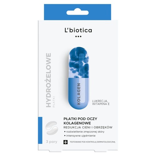 L'biotica Hydrożelowe Płatki pod oczy Kolagenowe. Opakowanie zawiera 3 pary płatków. Redukują cienie i obrzęki, rozświetlają zmęczoną skórę oraz intensywnie ujędrniają. Zawierają kolagen, lukrecję i witaminę E. Produkt testowany dermatologicznie.