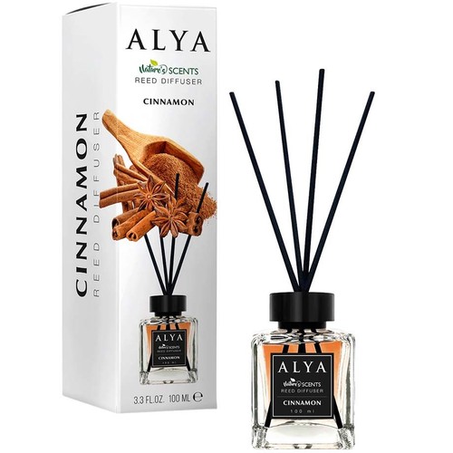 Dyfuzor trzcinowy Alya Cinnamon 100 ml. Opakowanie z grafiką cynamonu i anyżu.