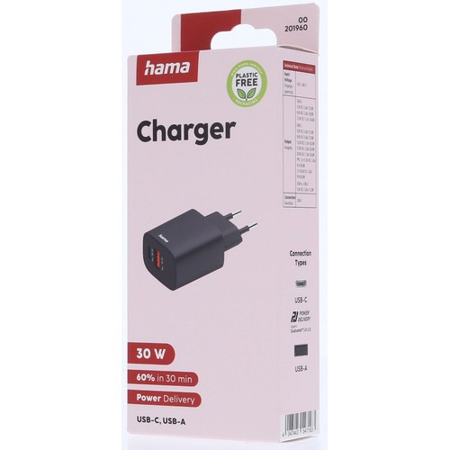 Ładowarka Hama 30 W z Power Delivery. Posiada porty USB-C i USB-A. Opakowanie bez plastiku.