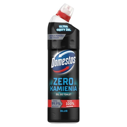 Żel do toalet Domestos Zero Kamienia, w czarnej butelce z czerwoną nakrętką. Ultra gęsty żel, działa poniżej linii wody.