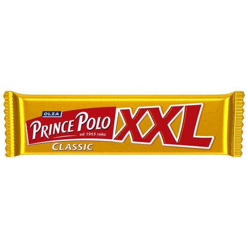 Złote, błyszczące opakowanie batona Prince Polo XXL Classic. Na opakowaniu widnieje logo "OLZA Prince Polo od 1955 roku CLASSIC" oraz duży napis "XXL". Opakowanie jest zafoliowane i ma ząbkowane brzegi.