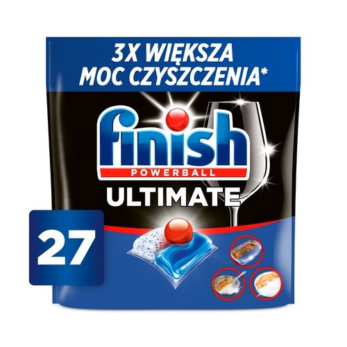 Opakowanie Finish Ultimate Powerball z 27 tabletkami, 3x większa moc czyszczenia.