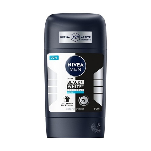 Nivea Men Black & White Invisible Fresh, antyperspirant w sztyfcie 50 ml. Opakowanie w kolorach czerni i bieli.