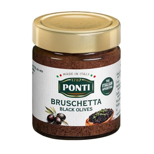 Szklany słoik pasty Ponti Bruschetta z czarnych oliwek, z widoczną złotą zakrętką. Na białej etykiecie zielone logo Ponti 1787, napis "Made in Italy" oraz grafika czarnych oliwek i bruschetty z pastą.