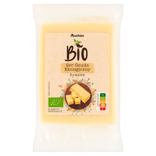 Ser Gouda ekologiczny w przezroczystym opakowaniu.