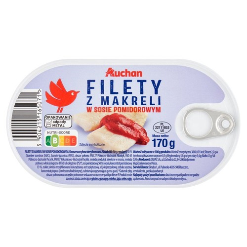 Konserwa rybna Auchan: filety z makreli w sosie pomidorowym. Masa netto 170 g. Opakowanie metalowe.