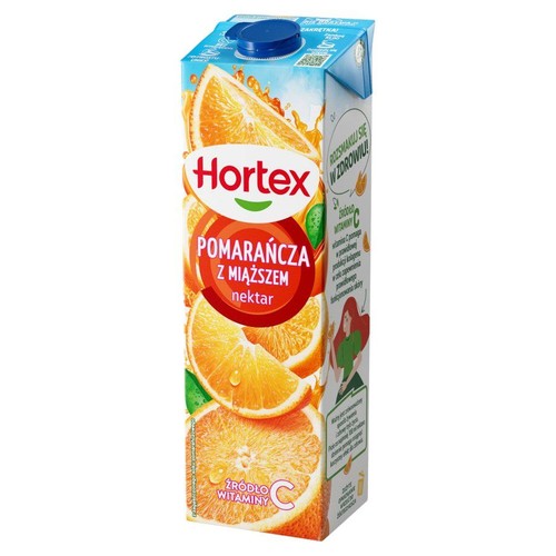Produkt: nektar pomarańczowy Hortex z miąższem, w kartonie o pojemności 1000 ml. Opakowanie przedstawia soczyste pomarańcze i ich kawałki. Na kartonie widnieje logo Hortex, nazwa produktu i informacja "Rozsmakuj się w zdrowiu!".