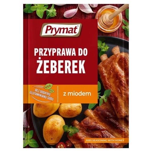 Przyprawa Prymat do żeberek z miodem. Na opakowaniu grafika żeberek, ziemniaków i czosnku. Bez glutaminianu sodu.